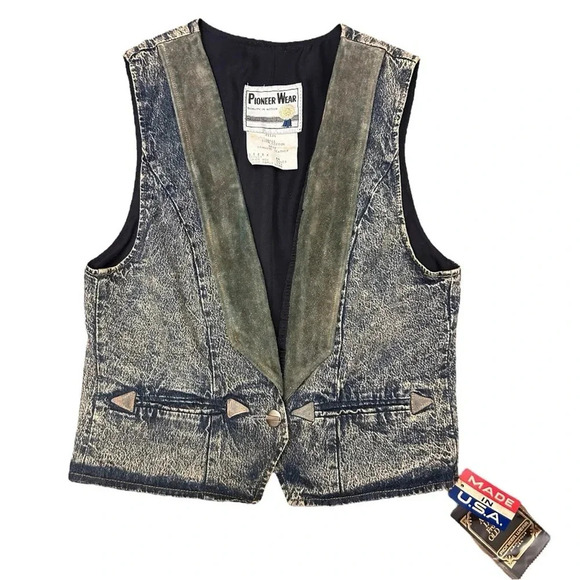 Rare Vintage Pioneer Wear 80s Acid Wash Leather Trim  Denim Jean Vest Unisex - Picture 1 of 14